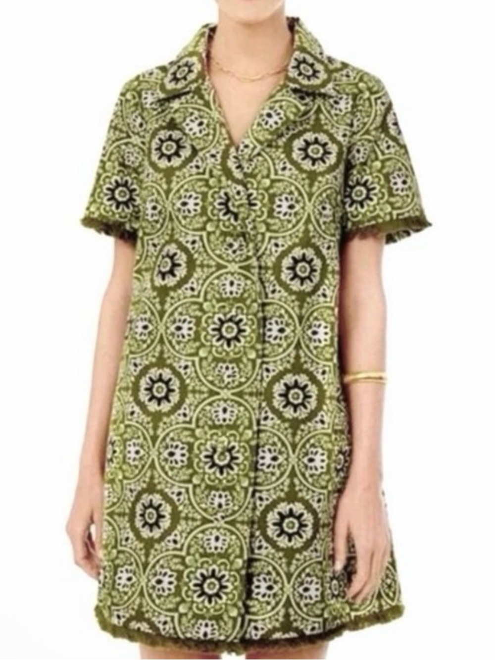 Tuckernuck Marley Dress in Moss Medallion Green Fringe Pockets knee length Sz L